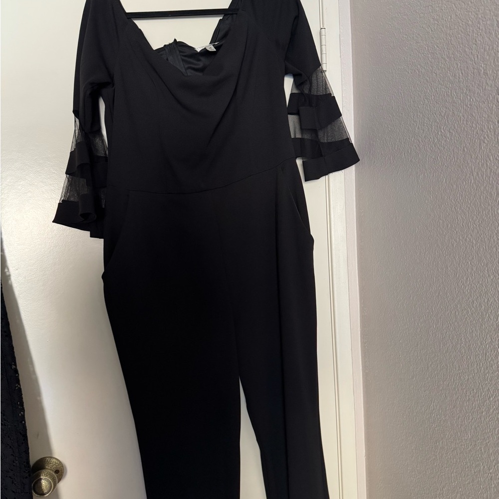 Premier Black Jumpsuit with Ruffled Sleeves and Plunging Neckline
